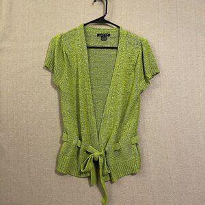 August Silk Cardigan Sweater Women's Medium Green Open Front Short Sleeves